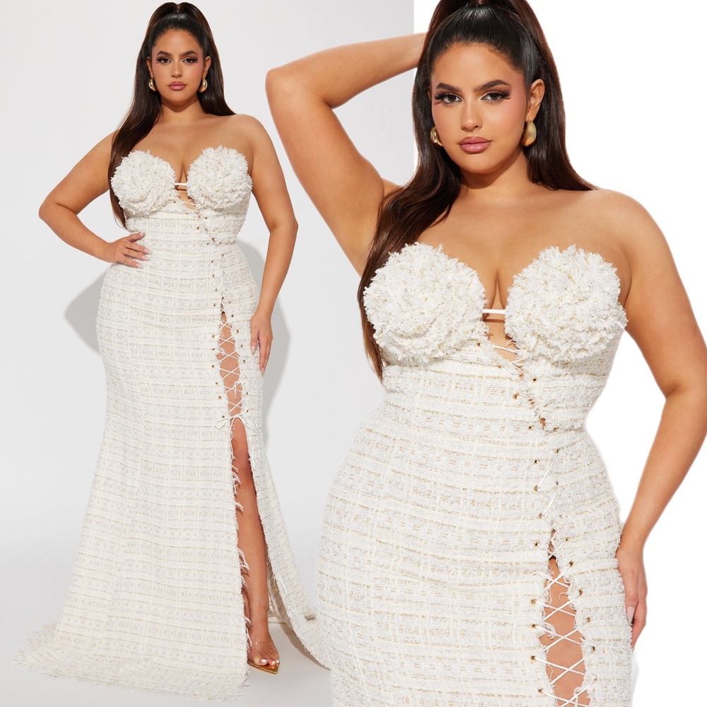 TWEED CREAM MAXI GOWN DRESS
